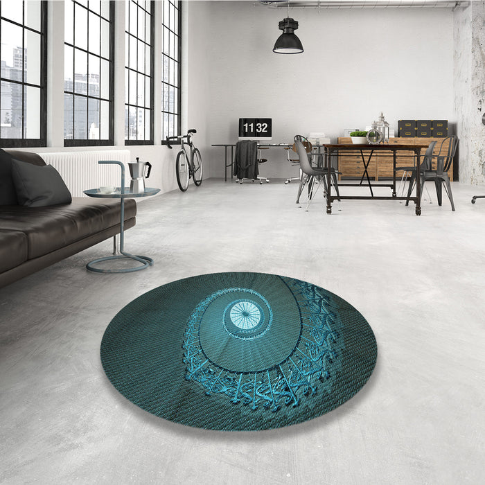 Round Patterned Dark Cyan Green Rug in a Office, pat3428lblu