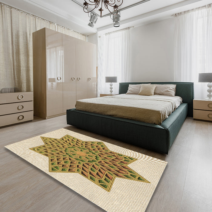 Patterned Khaki Gold Rug in a Bedroom, pat3434brn