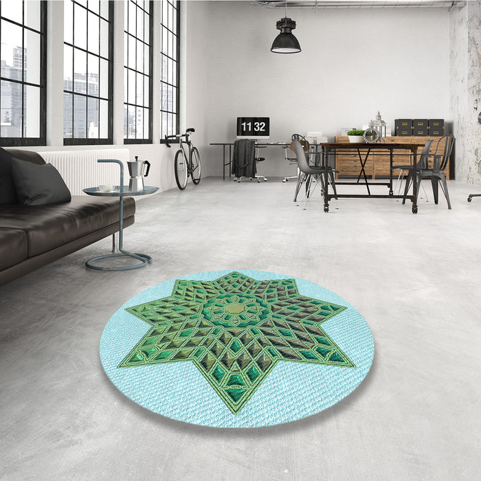 Round Patterned Light Aquamarine Green Rug in a Office, pat3434lblu