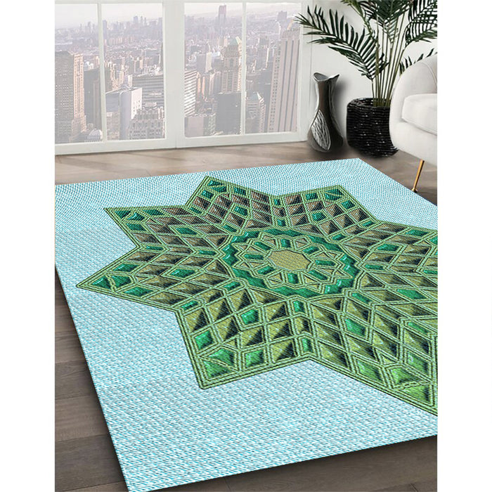 Machine Washable Transitional Light Aquamarine Green Rug in a Family Room, wshpat3434lblu