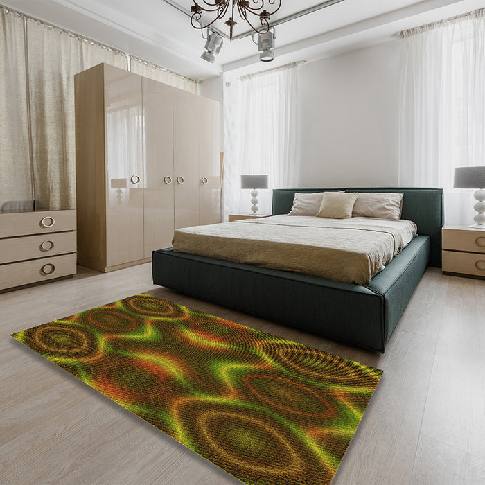 Patterned Dark Yellow Green Rug in a Bedroom, pat344yw