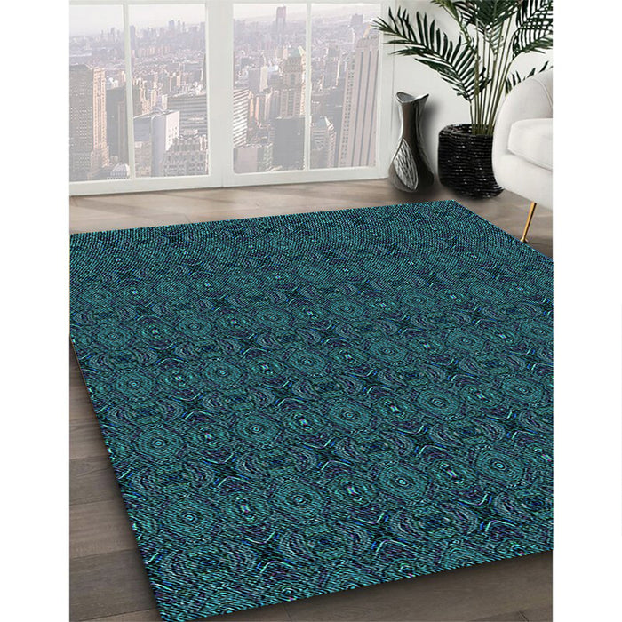 Patterned Dark Cyan Green Rug in Family Room, pat345lblu
