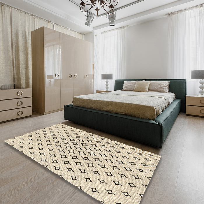 Patterned Moccasin Beige Rug in a Bedroom, pat3453brn