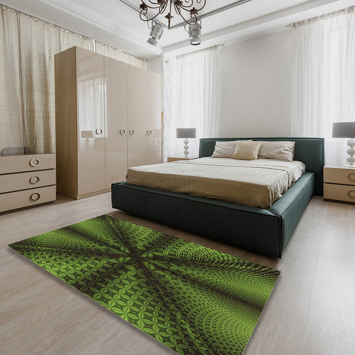 Patterned Dark Forest Green Rug in a Bedroom, pat346brn