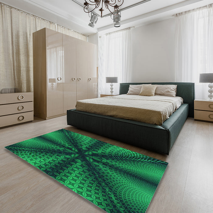 Patterned Deep Teal Green Rug in a Bedroom, pat346lblu