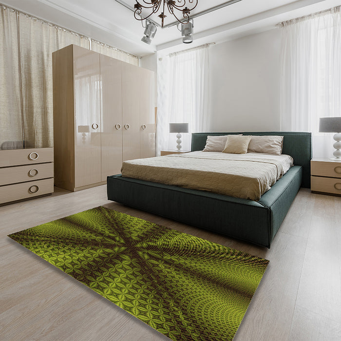 Patterned Olive Green Rug in a Bedroom, pat346org