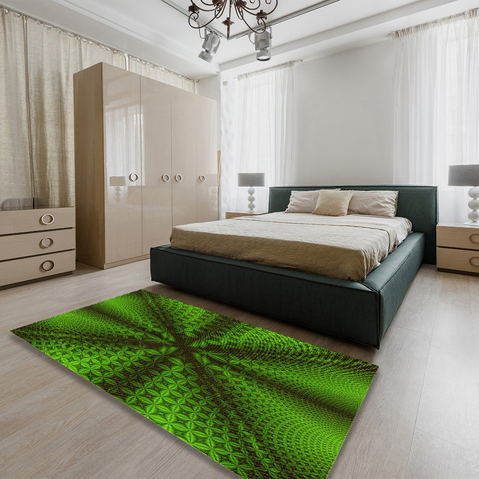 Patterned Dark Lime Green Rug in a Bedroom, pat346yw