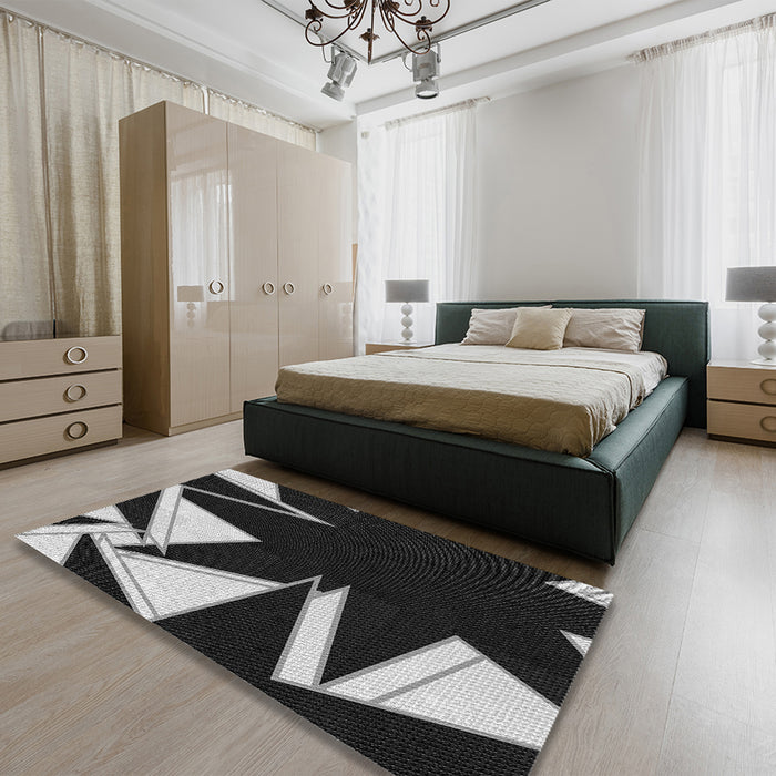 Patterned Black Rug in a Bedroom, pat3463gry