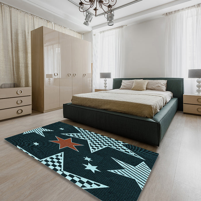 Patterned Deep-Sea Green Rug in a Bedroom, pat3464lblu