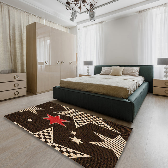 Patterned Black Brown Rug in a Bedroom, pat3464org