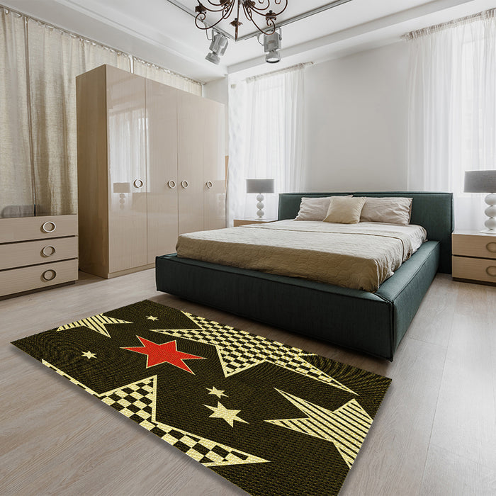 Patterned Black Brown Rug in a Bedroom, pat3464yw