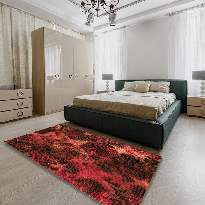 Patterned Crimson Red Rug in a Bedroom, pat3467org