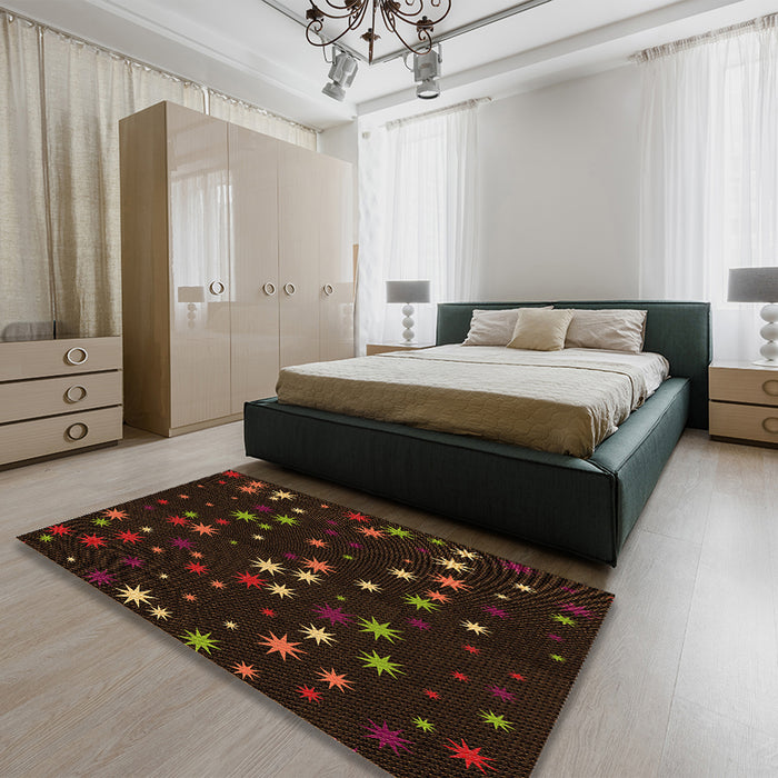 Patterned Black Brown Rug in a Bedroom, pat3468org