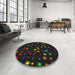 Round Machine Washable Transitional Black Rug in a Office, wshpat3468