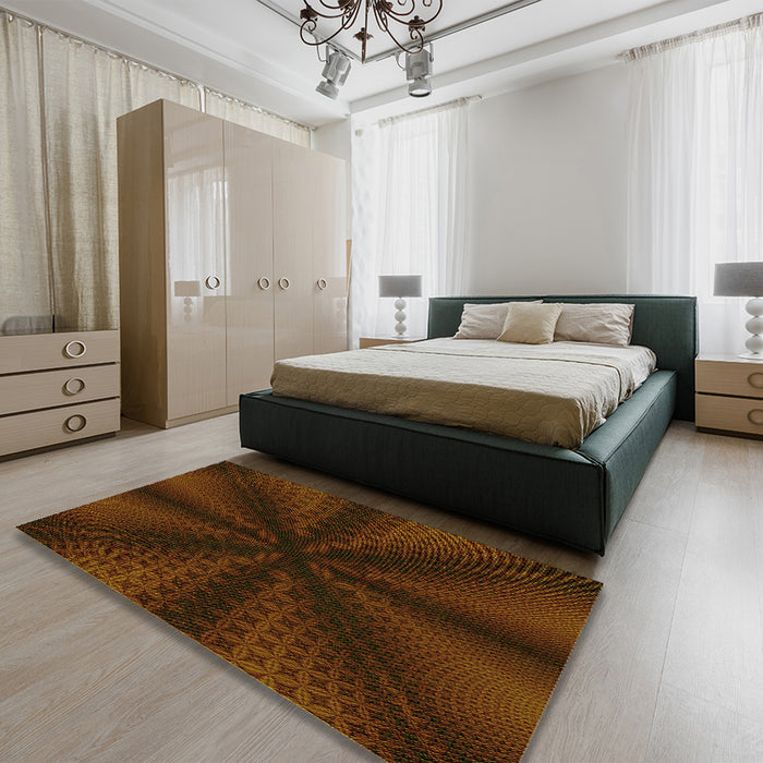 Patterned Saddle Brown Rug in a Bedroom, pat347yw