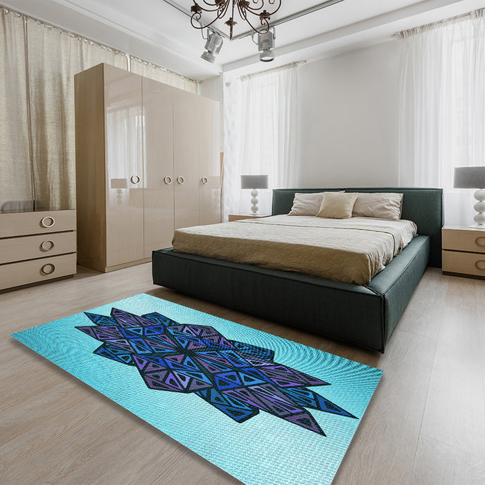 Round Machine Washable Transitional Blue Rug in a Office, wshpat3473lblu