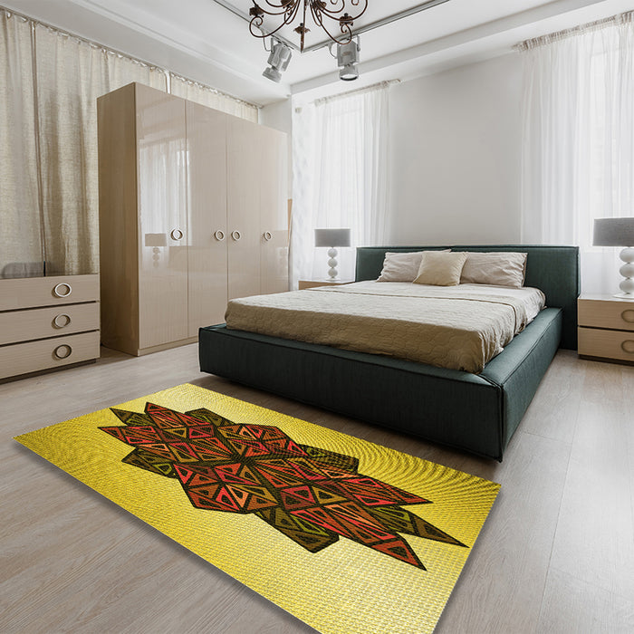 Round Machine Washable Transitional Bright Gold Yellow Rug in a Office, wshpat3473yw
