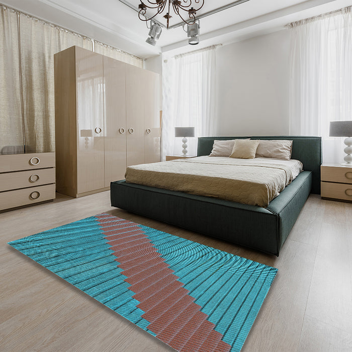 Patterned Dark Turquoise Green Rug in a Bedroom, pat3475lblu
