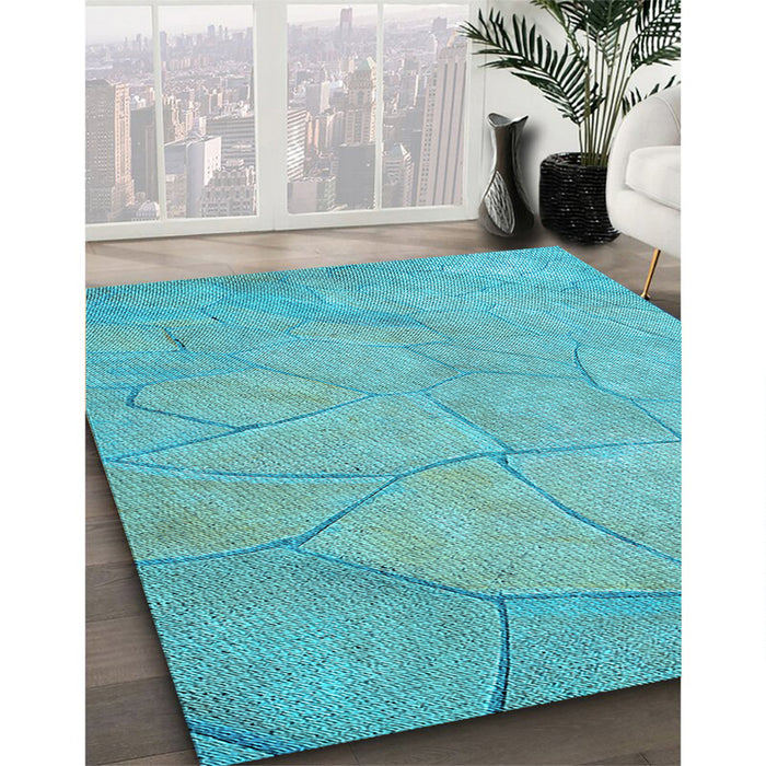 Patterned Dark Turquoise Green Rug in Family Room, pat3477lblu