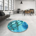 Round Patterned Dark Cyan Green Rug in a Office, pat3479lblu