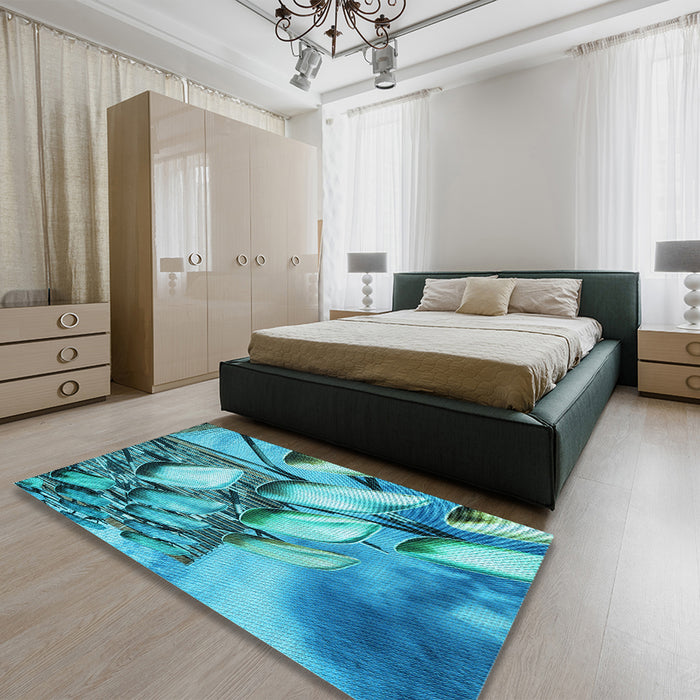 Patterned Dark Cyan Green Rug in a Bedroom, pat3479lblu