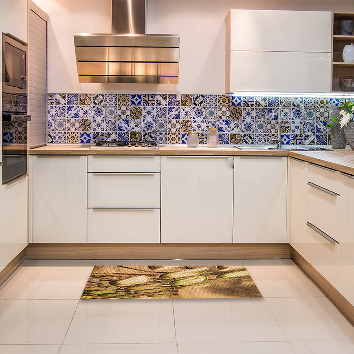 Patterned Saddle Brown Rug in a Kitchen, pat3479org