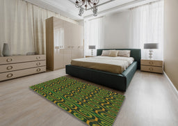 Patterned Dark Forest Green Modern Rug in a Bedroom, pat3484