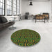 Round Machine Washable Transitional Dark Forest Green Rug in a Office, wshpat3484