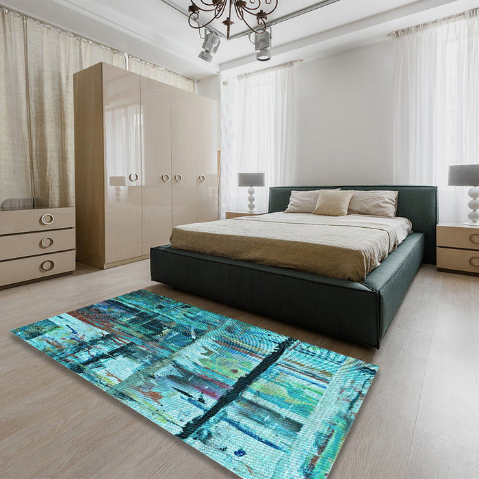 Machine Washable Transitional Turquoise Green Rug in a Family Room, wshpat35lblu