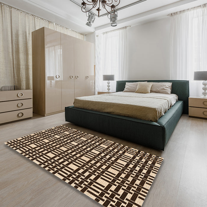 Patterned Black Brown Rug in a Bedroom, pat3500org