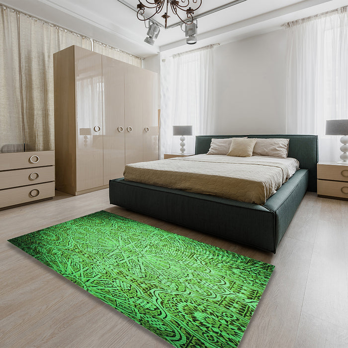 Patterned Green Rug in a Bedroom, pat3502grn