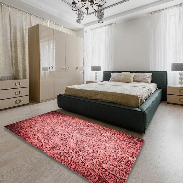 Patterned Red Rug in a Bedroom, pat3502rd