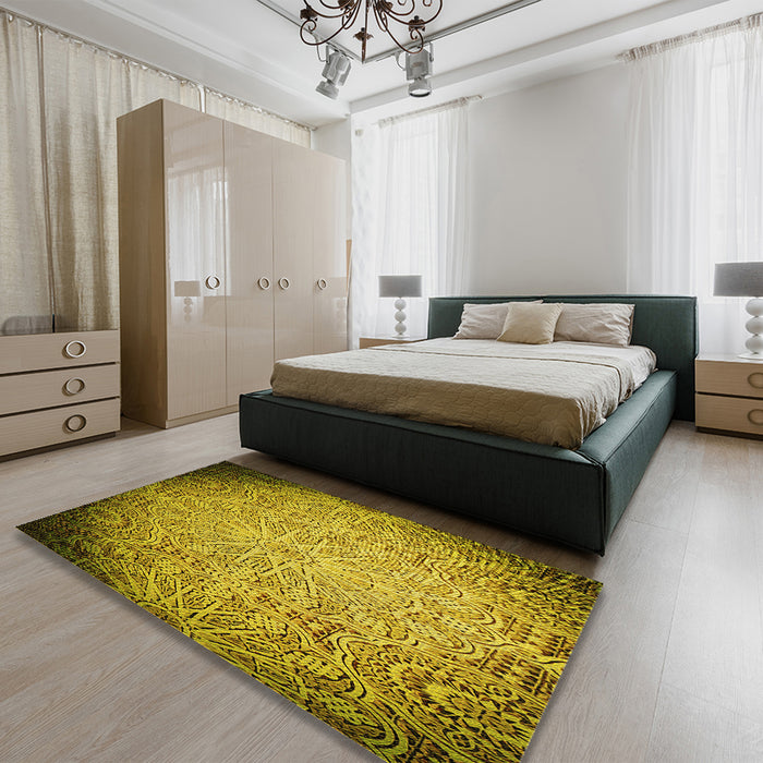 Patterned Dark Bronze Brown Rug in a Bedroom, pat3502yw