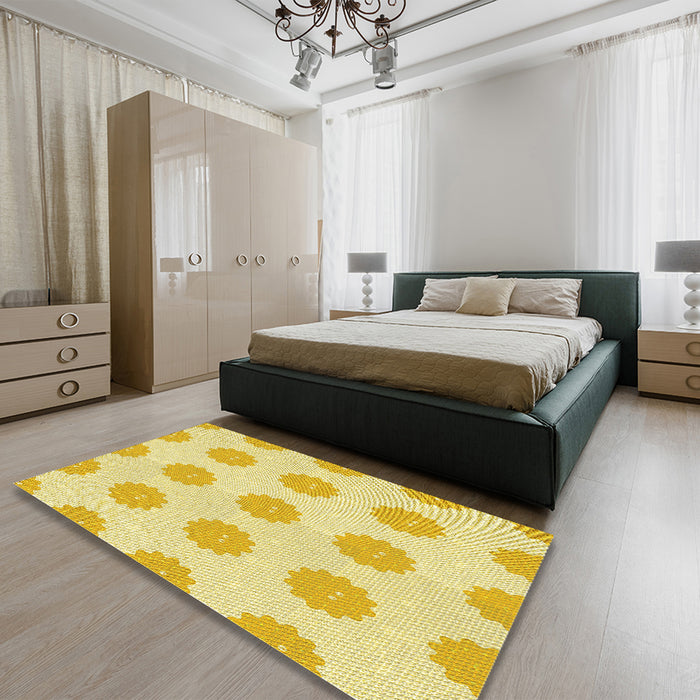 Round Machine Washable Transitional Yellow Rug in a Office, wshpat3508yw