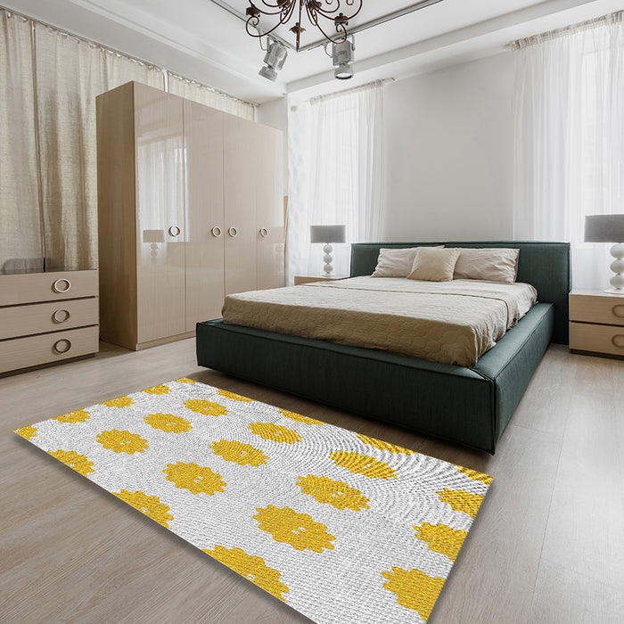 Machine Washable Transitional Yellow Beige Rug in a Bedroom, wshpat3508
