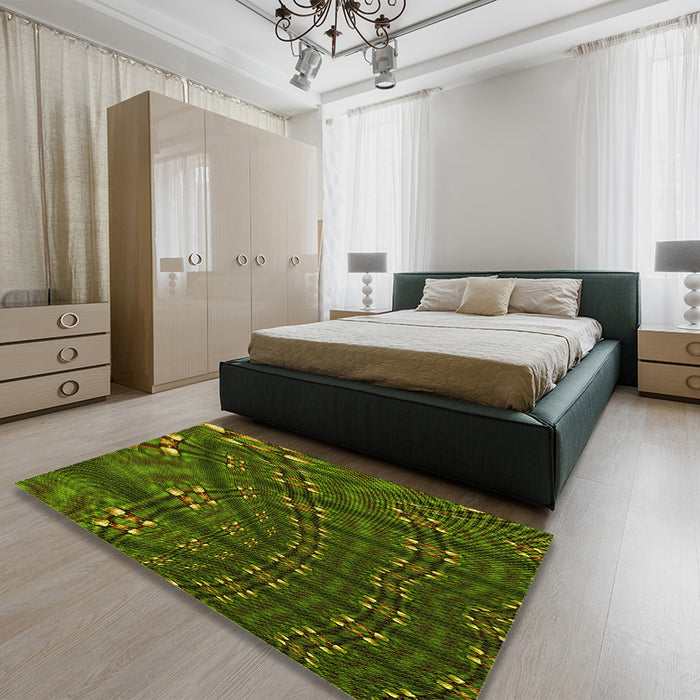 Patterned Dark Forest Green Rug in a Bedroom, pat3514yw
