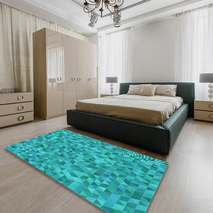 Patterned Aqua Cyan Blue Rug in a Bedroom, pat3517lblu