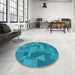 Round Patterned Bright Turquoise Blue Rug in a Office, pat3519lblu