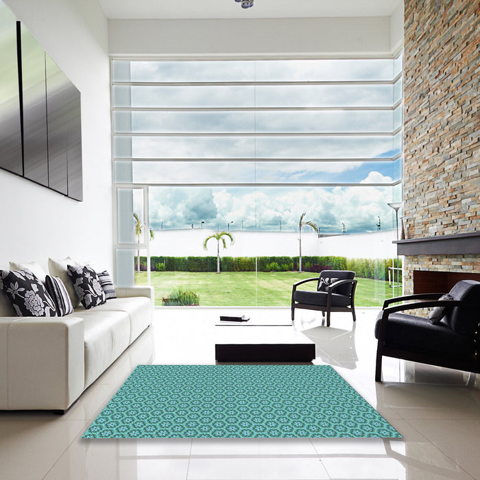 Machine Washable Transitional Turquoise Green Rug in a Kitchen, wshpat352lblu