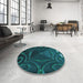 Round Patterned Dark Cyan Green Rug in a Office, pat3522lblu