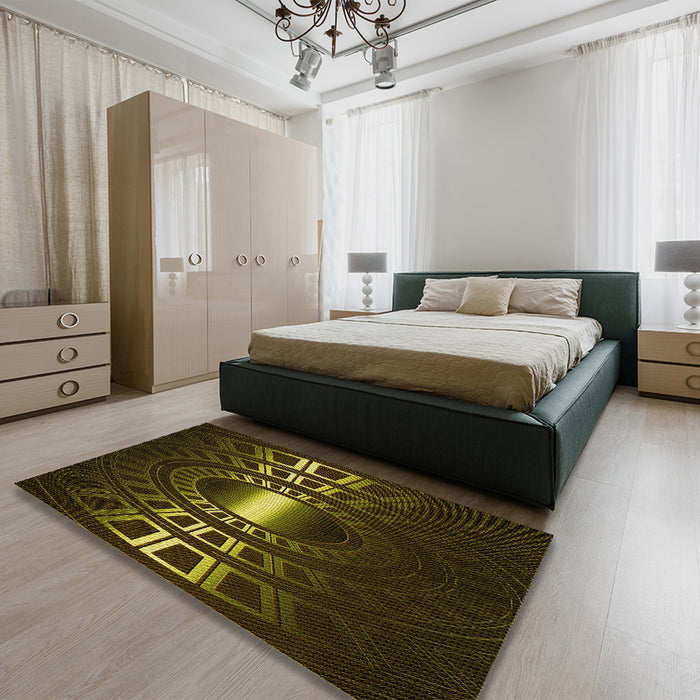 Patterned Dark Yellow Green Rug in a Bedroom, pat3523yw