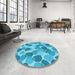 Round Patterned Bright Turquoise Blue Rug in a Office, pat3525lblu