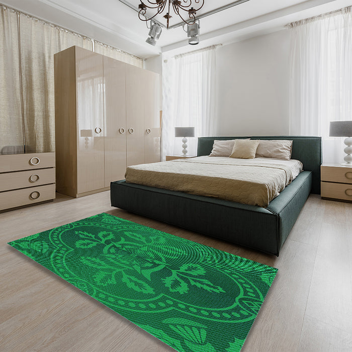 Round Machine Washable Transitional Deep Emerald Green Rug in a Office, wshpat3526lblu