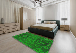 Patterned Dark Green Novelty Rug in a Bedroom, pat3526