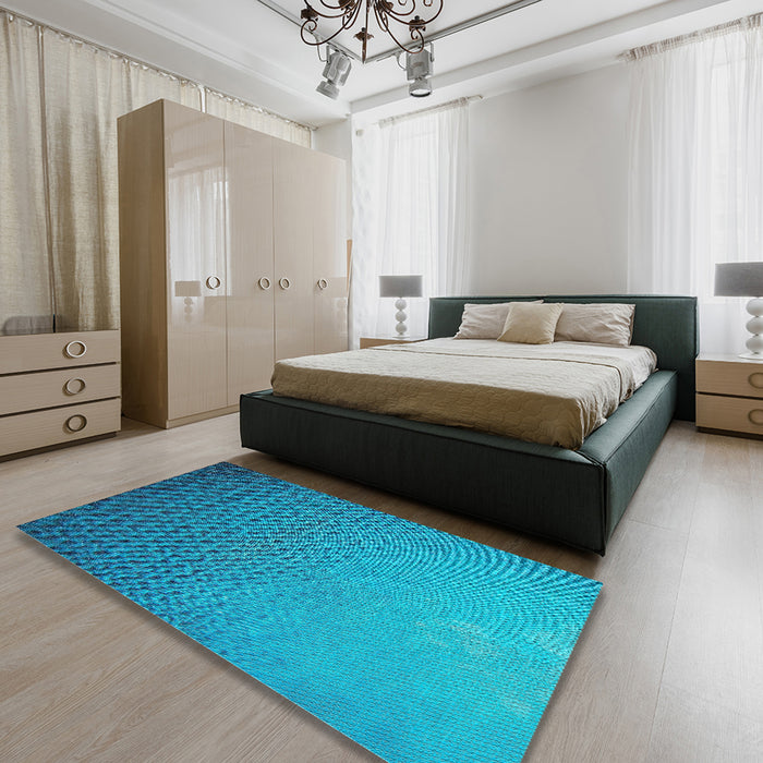 Patterned Aqua Cyan Blue Novelty Rug in a Bedroom, pat3532