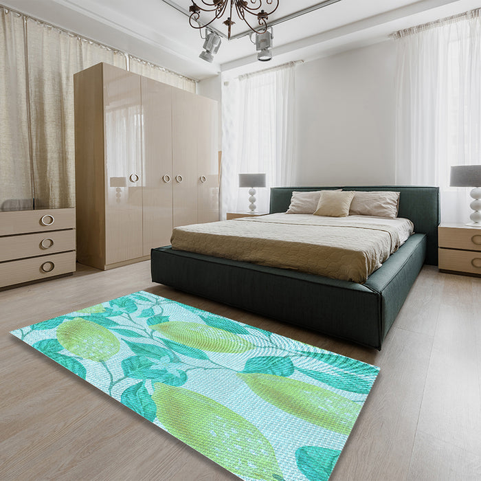 Patterned Aquamarine Green Rug in a Bedroom, pat3539lblu