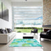 Square Patterned Aquamarine Green Rug in a Living Room, pat3539lblu