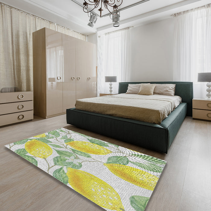 Patterned Khaki Green Novelty Rug in a Bedroom, pat3539