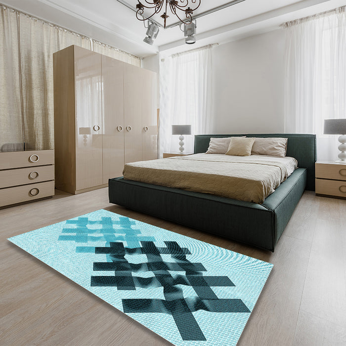 Patterned Deep-Sea Green Rug in a Bedroom, pat3541lblu