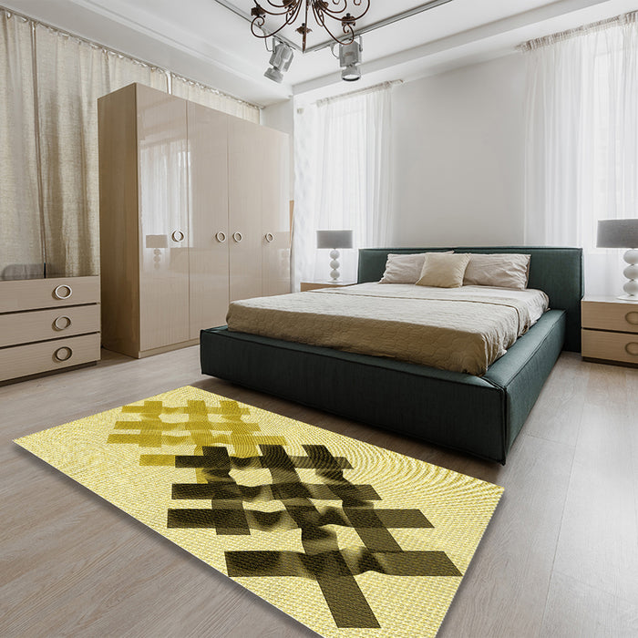 Patterned Dark Yellow Green Rug in a Bedroom, pat3541yw